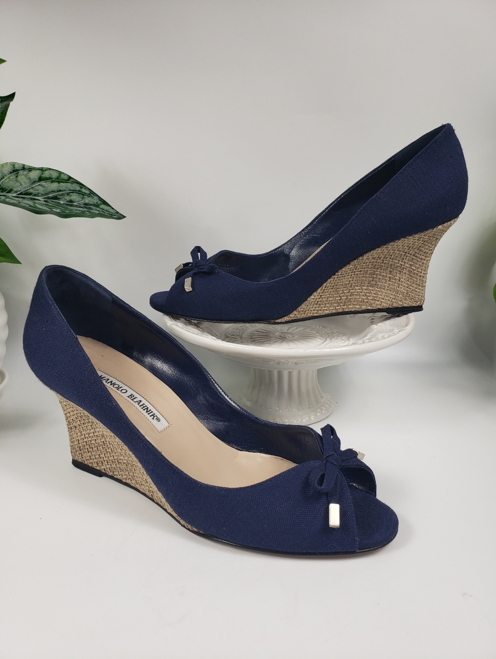 Manolo Blahnik Navy Canvas w/Raffia Espadrille - Peep-Toe Wedge Heels 39/8.5